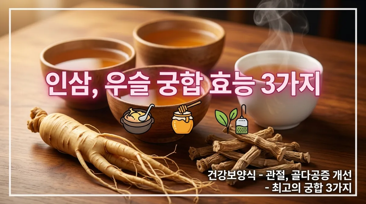 관절 건강에 좋은 우슬과 기력 회복에 좋은 인삼이 함께 놓여 있는 전통 보양 재료 이미지