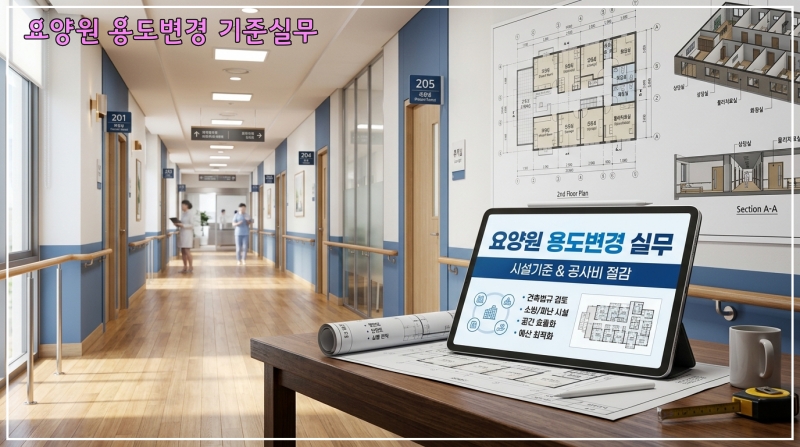 상가 건물을 노유자시설로 용도변경할 때 필요한 복도 폭, 침대용 엘리베이터, BF인증 시설 기준을 설명하는 전문적인 건축 도면 및 요양원 내부 이미지