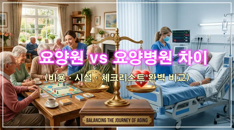 요양원과 요양병원의 환경 비교 및 비용 차이를 상징하는 인포그래픽 썸네일