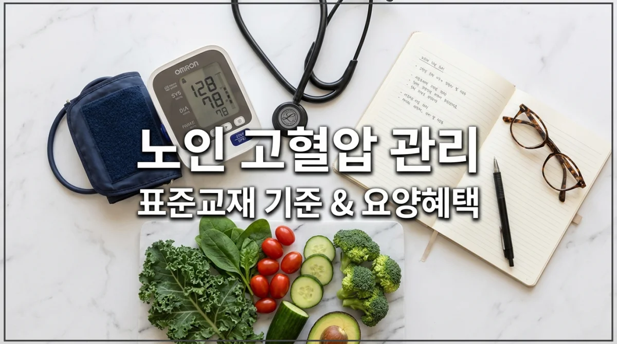 보건복지부 표준교재 기준 노인 고혈압 원인과 진단 기준, 그리고 요양병원 및 요양원 비용 비교 정보가 담긴 가이드 이미지