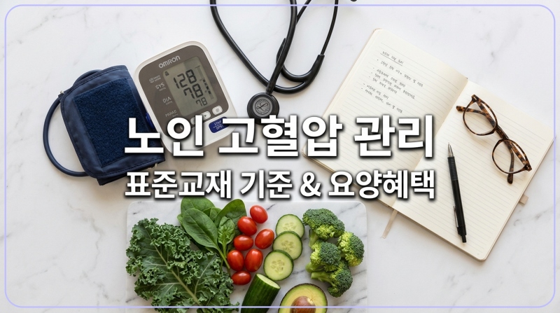 보건복지부 표준교재 기준 노인 고혈압 원인과 진단 기준, 그리고 요양병원 및 요양원 비용 비교 정보가 담긴 가이드 이미지