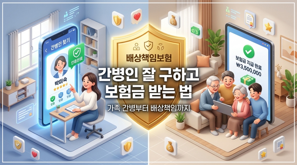 병원 입원 후 간병인 구하는 방법 3가지와 간병인 배상책임보험 확인 및 가족 간병 보험금 수령 절차 안내 인포그래픽