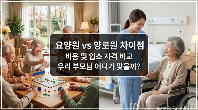 요양원과 양로원의 입소 자격, 건강 상태, 정부 지원금 유무에 따른 비용 차이를 일목요연하게 비교한 인포그래픽 자료 및 안내 이미지