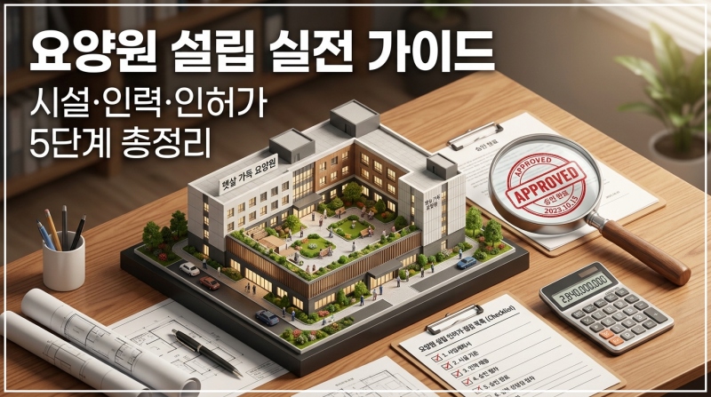 요양원 설립을 위한 본인 소유 원칙, 부채 비율 20% 규정, 인력 배치 및 지자체 지정 심사 5단계 절차 요약 이미지