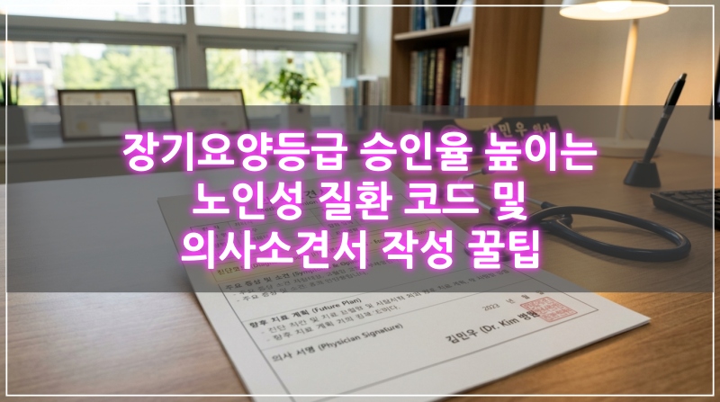 장기요양등급 승인을 위한 노인성 질환 코드가 기재된 의사소견서와 청진기