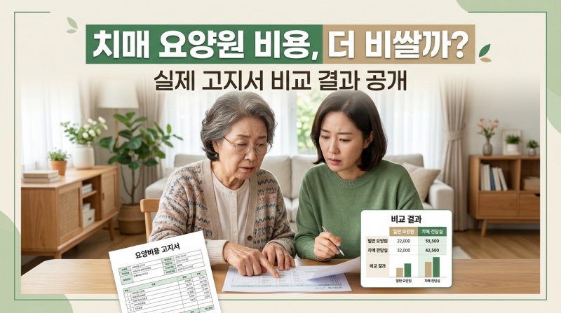 치매 요양원 비용을 고민하는 한국인 모녀가 집에서 고지서를 함께 확인하는 장면, 비용 비교와 실제 금액 차이를 설명하는 블로그 썸네일 이미지