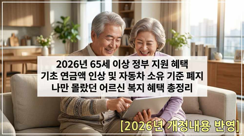 2026년 달라진 만 65세 이상 기초연금 수급 자격과 자동차 배기량 기준 폐지 안내 및 어르신들이 받을 수 있는 교통, 통신, 의료 혜택 비교 인포그래픽 이미지