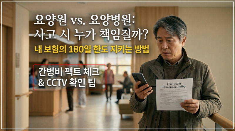 요양원과 요양병원의 간병비 차이 및 간병 사고 발생 시 CCTV 확인법과 간병인 보험 180일 보장 기간 활용법을 설명하는 인포그래픽 이미지