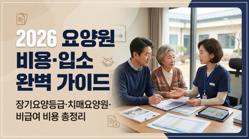 2026 요양원 비용과 입소 절차를 상담하는 가족과 상담사의 모습, 장기요양등급과 치매요양원 비용 정보를 안내하는 썸네일 이미지
