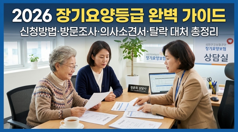 장기요양등급 신청 상담을 받는 보호자와 어르신의 모습, 방문조사와 의사소견서 준비 과정을 설명하는 장기요양보험 가이드 썸네일