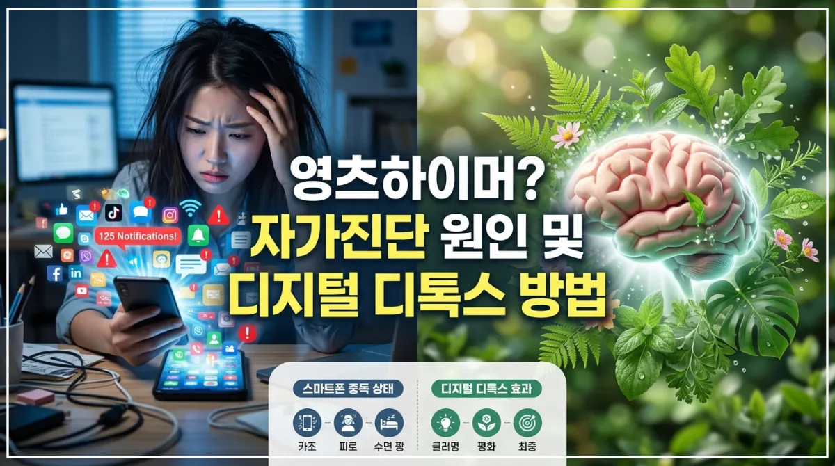 은 층의 기억력 감퇴를 뜻하는 영츠하이머 자가진단 리스트와 스마트폰 중독을 예방하는 디지털 디톡스 방법, 그리고 초로기 치매 발생 시 요양원 요양병원 비용 비교 가이드 이미지
