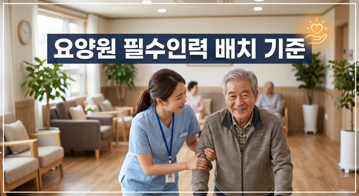 요양원 필수인력 배치기준과 시설별 요양보호사 비율을 설명하는 전문적인 인포그래픽형 썸네일 이미지