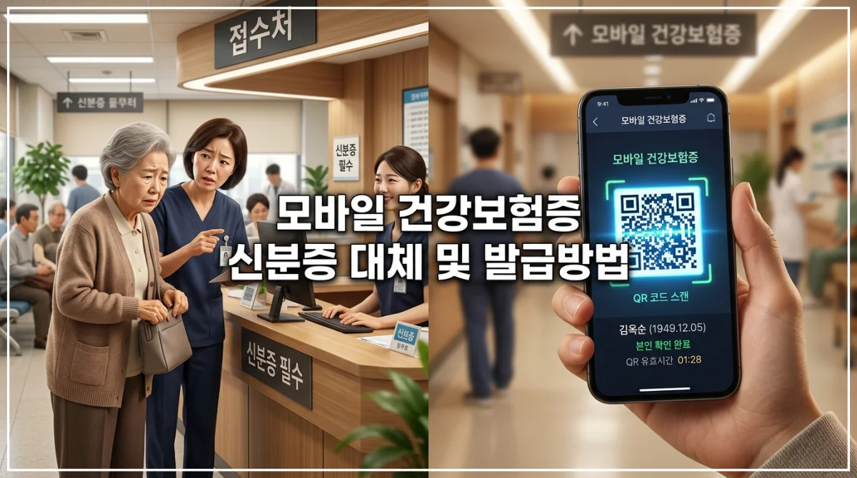 모바일 건강보험증 신분증 대체 및 발급방법에 대한 정보를 제공하는 분할 화면 이미지