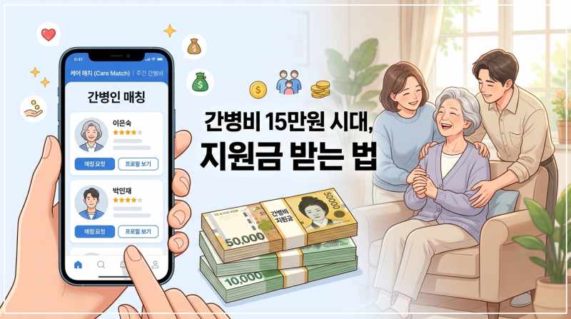 간병인 매칭 앱과 정부 지원 서류가 놓인 따뜻한 의료 복지 테마 이미지