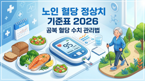 2026년 기준 연령별 노인 혈당 정상치 기준표와 공복 혈당 수치 관리법을 설명하는 블로그 대표 썸네일 이미지