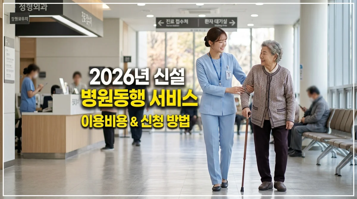 2026년 신설 병원동행 서비스 매니저와 어르신이 병원 복도를 걷는 모습