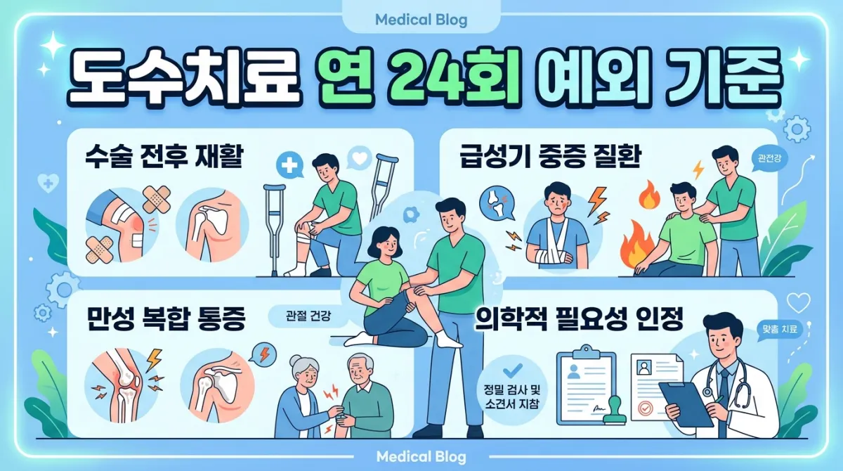 도수치료 연간 24회 예외 인정 기준과 관절 구축 및 강직 진단, 실손의료보험 청구 서류를 설명하는 인포그래픽 이미지