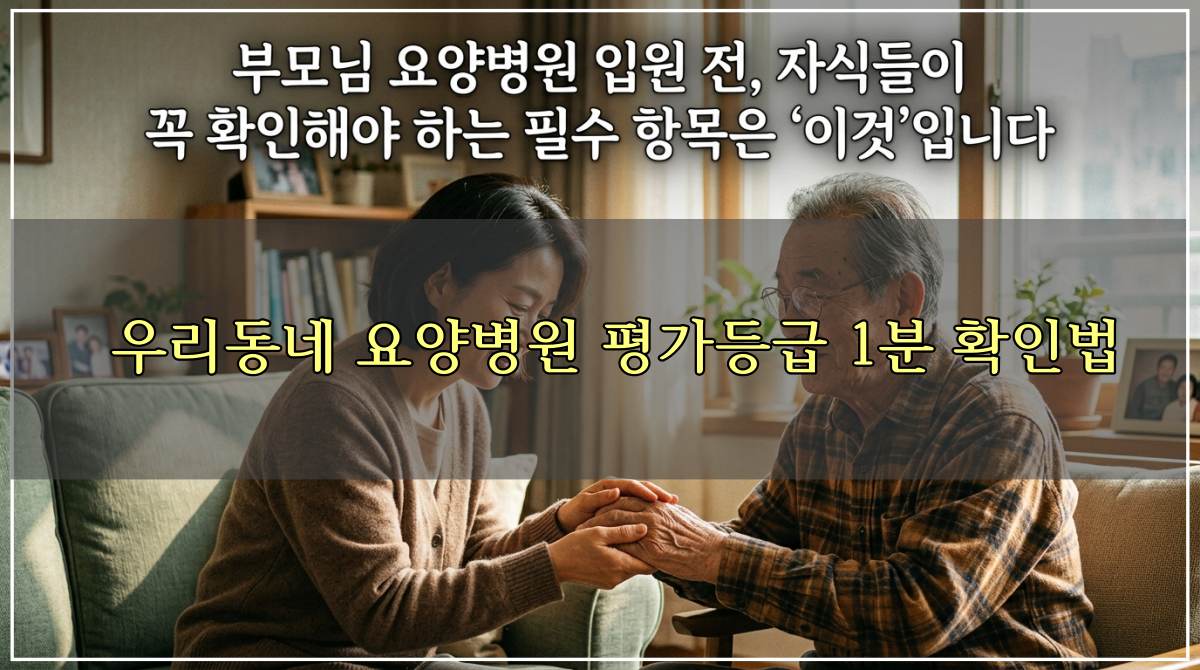 부모님의 손을 따뜻하게 맞잡은 자식의 모습과 부모님 요양병원 입원 전 필수 확인 항목 안내 글귀