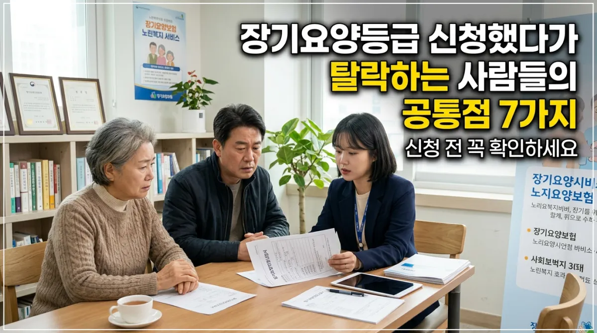 장기요양등급 신청 후 탈락하는 주요 원인을 설명하는 노인돌봄 상담 이미지