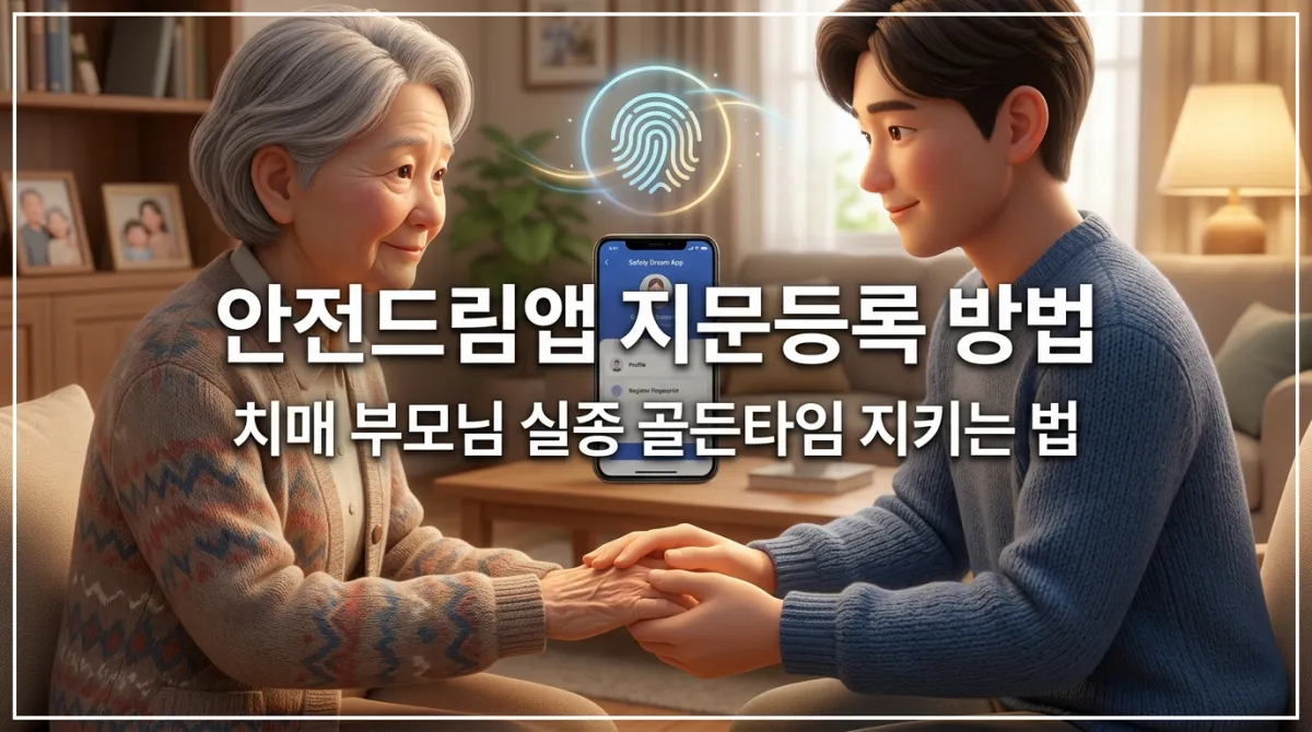 스마트폰으로 안전드림앱 지문등록을 진행하며 치매 부모님의 손을 따뜻하게 잡고 있는 자녀의 모습