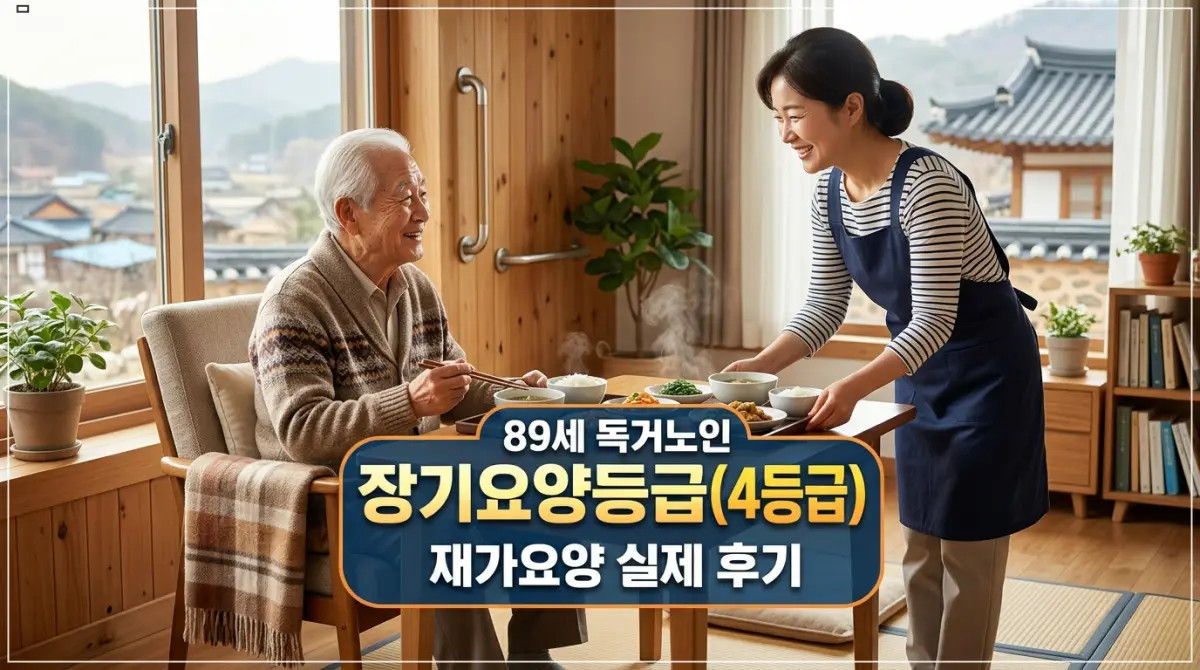 시골집 거실에서 안전 지지봉의 도움을 받으며 요양보호사의 식사 돌봄 서비스를 받는 89세 어르신의 모습