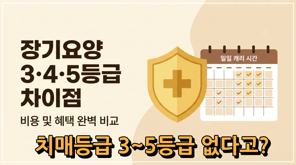 노인장기요양보험 3등급, 4등급, 5등급의 법적 판정 기준과 본인부담 감경 비용 차이를 설명하는 깔끔한 인포그래픽 디자인의 블로그 대표 이미지.