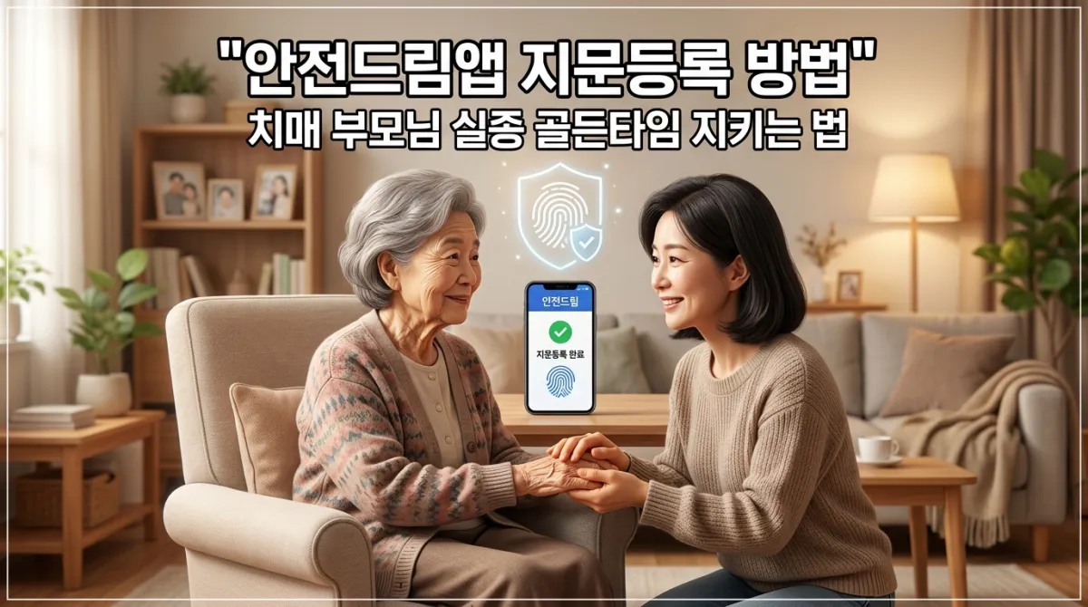 스마트폰으로 안전드림앱 지문등록을 진행하며 치매 부모님의 손을 따뜻하게 잡고 있는 자녀의 모습